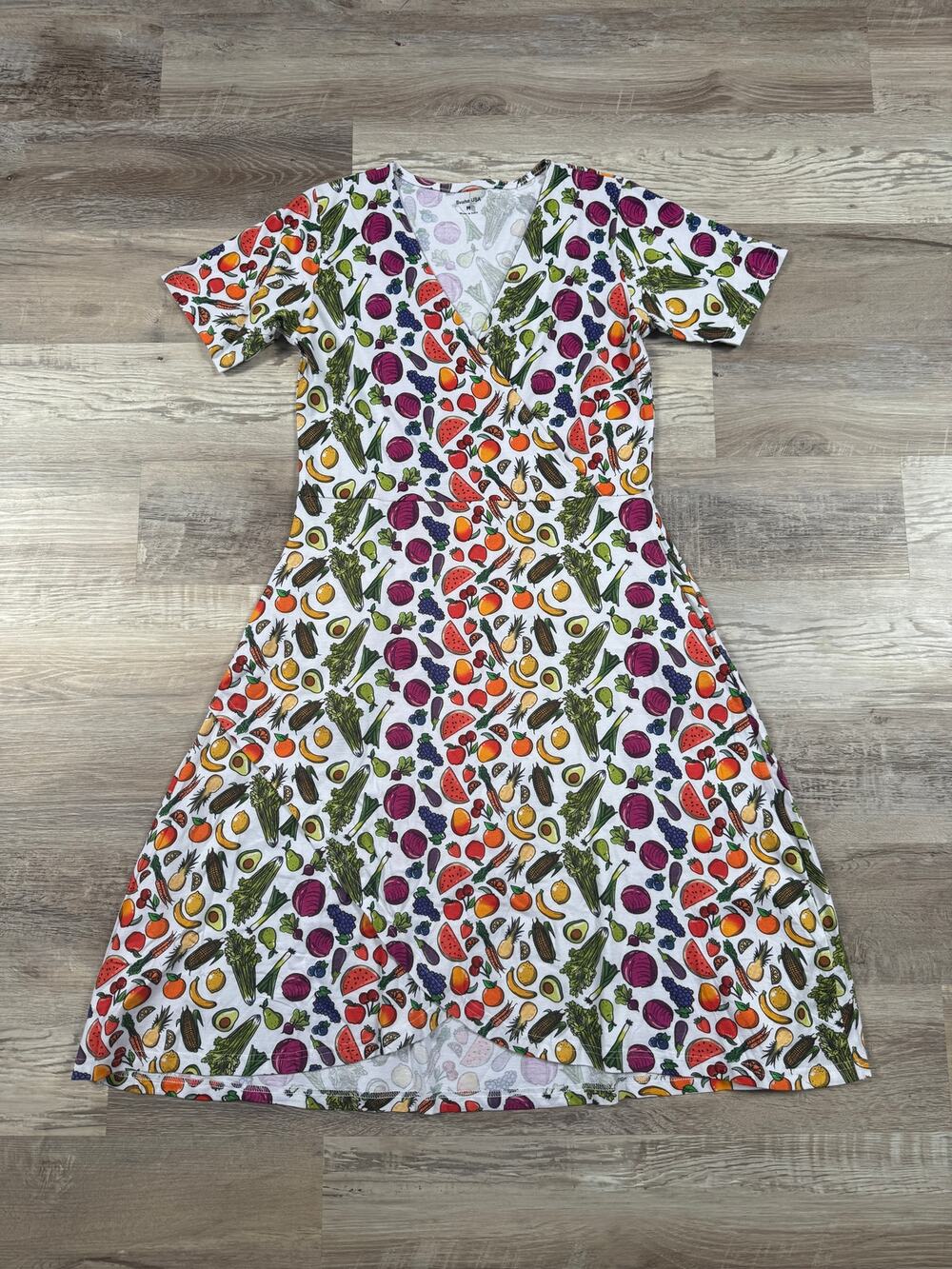 Svaha USA Fruit Vegetable Print Wrap V Neck Midi Dress Pockets Teacher Art M